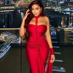 Elegant Halter Backless Skinny Hand Strap Hem Trend Vacation Birthday Party Maxi Dress