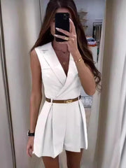 Elegant Single Breasted Sleeveless Lapel Slim Office Style Shorts Jumpsuit