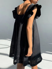 Solid Ruffle Sleeve Open Back Square Collar Dress
