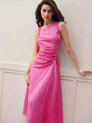 Bohemian Pleated Asymmetrical Sleeveless With Waist Midi Dress