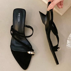 Leopard Print Narrow Band Design Sandals Metal Decoration Pointed Toe Slide Sandal Comfortable Non-slip Beach Shoe