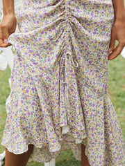 Elegant Flower Printed Ruffles Asymmetric Slip Dress