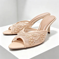Mesh Embroidery String Bead Slippers Peep Toe Thin Heel
