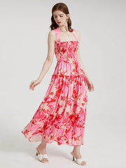 Flower Print Open Back Criss-cross Knotted Shirred Dress