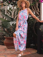 Bohemian Sash Floral Print Sleeveless Belted Maxi Dress Resort Wear