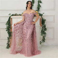 Off Shoulder Handmade Flowers Crystal Evening Dress