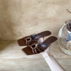 Metal Decoration Narrow Band Slippers Square Toe Thin Heel