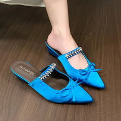 Square Head Shallow Mouth Flannelette Butterfly Knot Crystal Line with Soft Sole Non-slip Low Heel