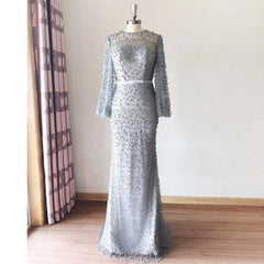 Evening Party Mermaid Long Sleeves Pearls Lace Formal Prom Wedding Party Gowns