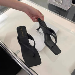 Soft Leather Square Toe Cat with Flip-flops Thin Belt Thin Heel