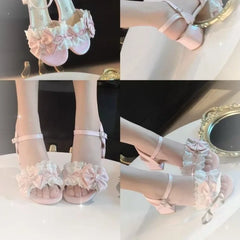 Sweet Pink Sandals Lace Elegant Bow Lolita Cute High Heel