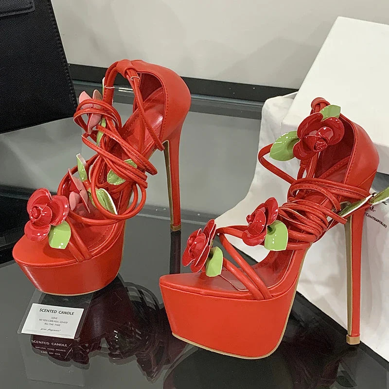 Flower Ankle Cross-strap Platform Sandals Street Style Thin High Heel