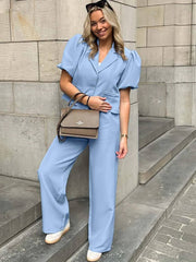 Casual Lapel Short Sleeve Single Button Shirts High Waist Straight Pants Sets