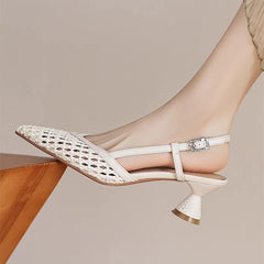 Openwork Weave Design Mid-Heel Mules Sandals Comfortable Ankle Strap High Heel