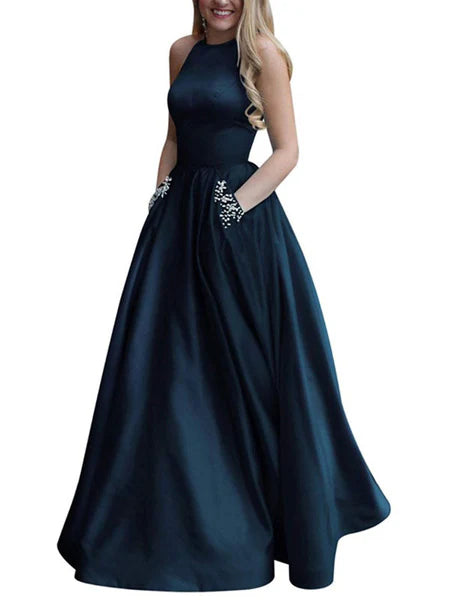 Satin Fabric Halter A Line Sleeveless Beaded Floor Length Party Prom Dresses