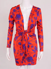 Knotted Long Sleeves V-Neck Floral Print Midi Pencil Bodycon Dresses