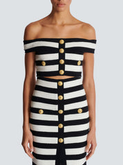 Elegant Slash Neck Striped Button zipper Office Lady 2 Pieces Bodycon Bandage Mid-calf Dress