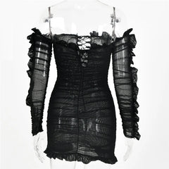 Off-Shoulder Ruffle See Through Skinny Party Bodycon Dresses