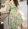 Casual Lantern Sleeve V-neck Waist Slimming Floral Maxi Dress