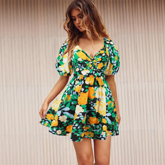 Casual V-Neck Printed Lantern Sleeve Loose Daily Short Dress