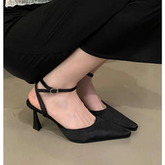 Ankle Buckle Strap Pumps Designer Narrow Band Pointed Toe Thin Low Heel
