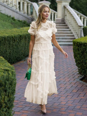 Elegant Short Sleeve Illusion Neckline Ruffles Layered Tulle Polka Dot Maxi Dresses