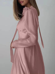 Elegant Pullover High Waist Pleated V-Neck Long Sleeve Midi Dress