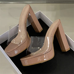 Open Toe PVC Transparent Slippers Square High Heel