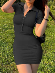 Elegant Ribbed V-Neck Cute Solid Color Short Sleeve Slit Mini Dress