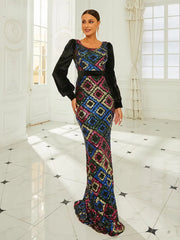 Round Neck Long Sleeve Sequin Mermaid Evening Party Dress
