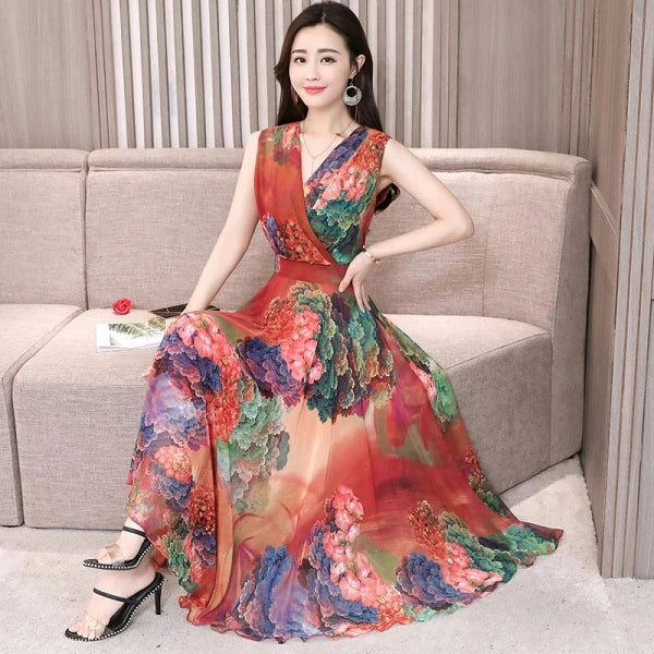 Arrival Sleeveless Flower Printed Chiffon Long Dress