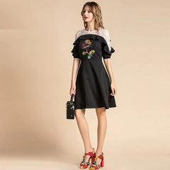 Vintage Lace Patchwork Sequin Flowers Ruffles Mini Dress