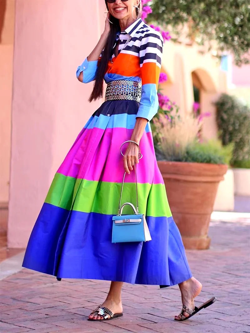 Casual Striped Turn-down Collar empire Waist Pleated A-LINE Vacation Shirt Dresses