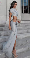 Elegant Irregular Hollow Ruched Diagonal Collar Shorts Sleeve Slits Street Trend Bodycon Long Dress