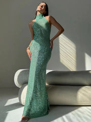 Chic Glitter Sequins Backless Halter Lace Up Bodycon Maxi Dress