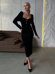 Elegant Comfy Buttons Square Neck Long Sleeves Polyester Knitted Dress