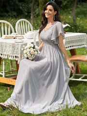 Prom A-Line Lace Short Sleeves Lace Long Party Dresses