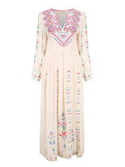 Embroidery V Neck Long Sleeve Beach Casual Maxi Dress