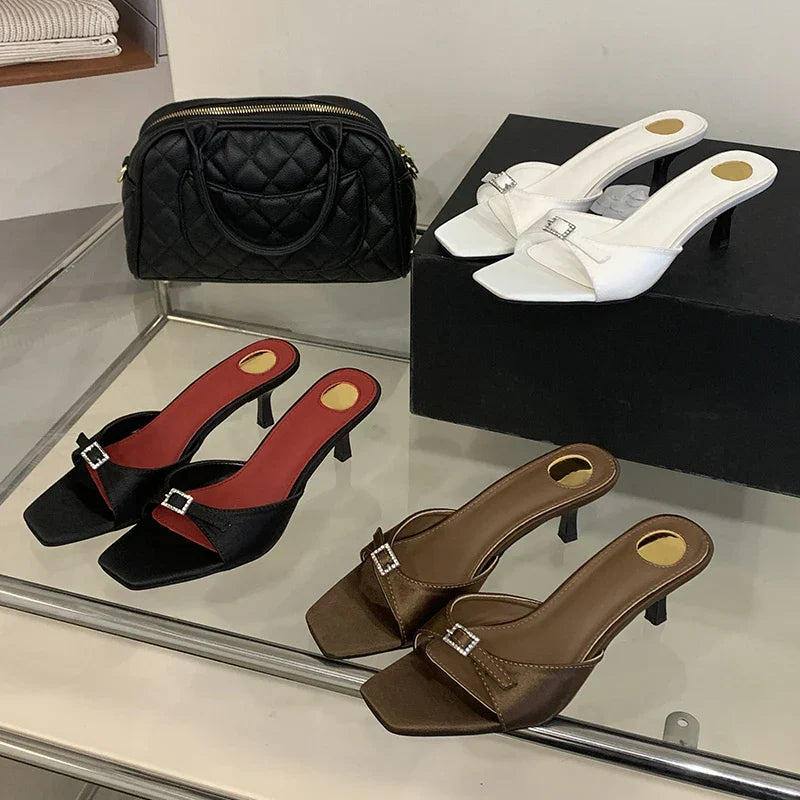 Slipper Designer Buckle Square Toe Ladies Sandals Thin Low Heel