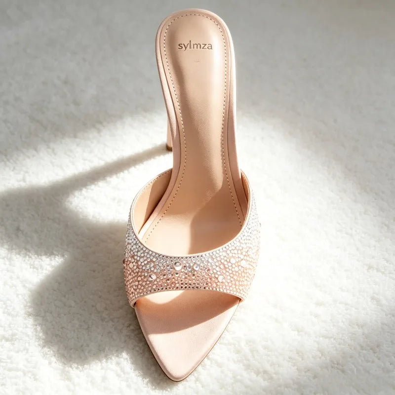 Luxury Rhinestone Detail Mules Sandals Round-Toe Open-Toe Slide Sandals High-Quality Silk Stiletto Evening Pumps