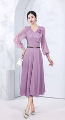 Pleated V-Neck Long Sleeve Waist Slimming Plate Flower Slim Skirt Solid Design Dress