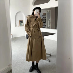 Loose Long Dust Coat A Line Leisure Long Sleeve Coat Solid Belt Waist