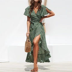 Bohemian V-Neck Irregular High Waist Lace-up Chiffon Print Casual Beach Long Dress