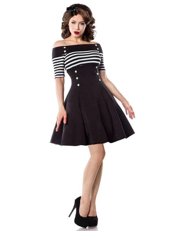 Party Dress Off Shoulder Stripes Button Front Swing Dresses