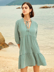 Geo Print V-neck Tie Front Half Sleeve Dress