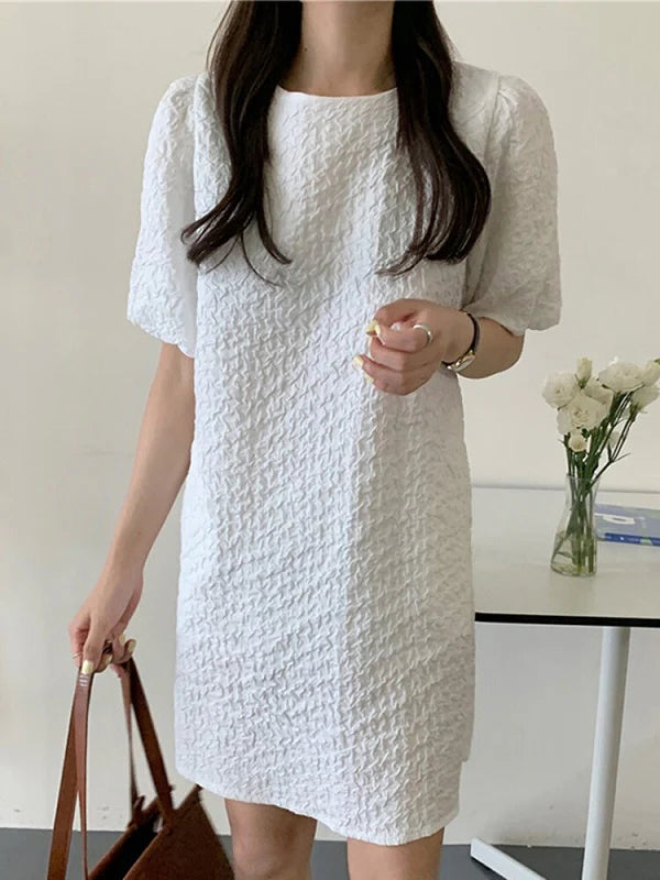 Puff Sleeve Solid Color Crew Neck Casual Dress
