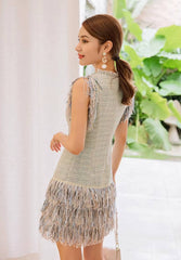 Elegant O-neck Tassel Patchwork Slim Waist Mini Dress