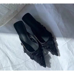 Embroidery Woman's Cotton Fabric Mules Slippers Luxury Elegant Pointed Toe Slides Shoes