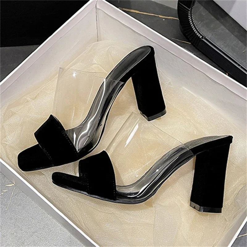 Splicing PVC Transparent Open Toe Slippers Square High Heel