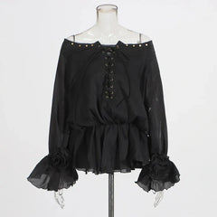 Elegant Solid Spliced Lace Up Slash Neck Long Sleeve High Waist Mini Dress